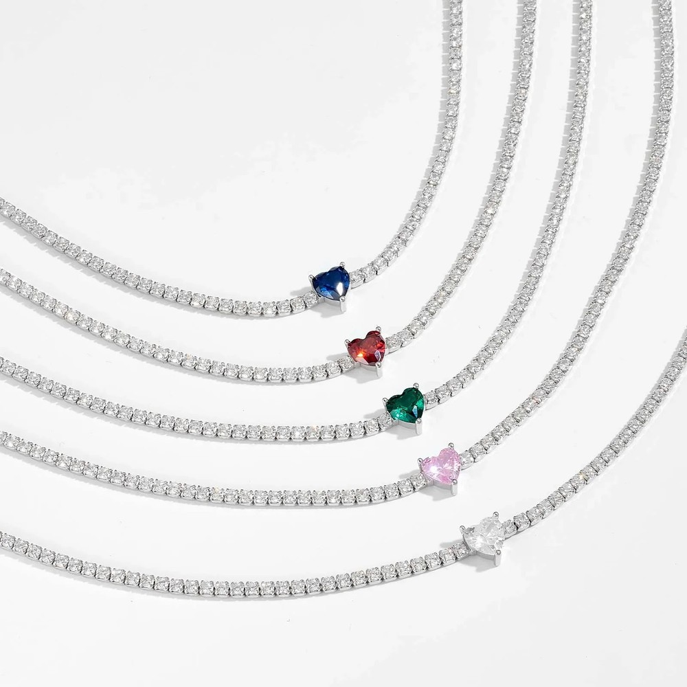 Sterling Silver Heart Love Zircon Tennis Chain Choker Necklace Women Crystal