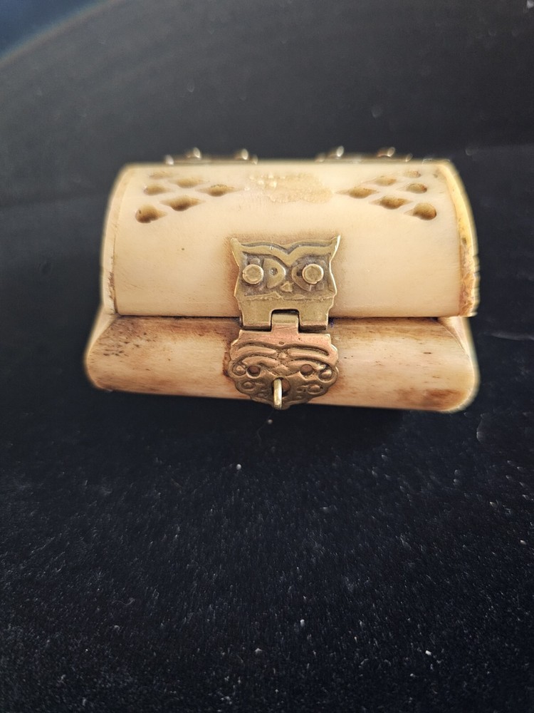 Vintage Bone Brass Hinged Trinket Jewelry Box Handmade India