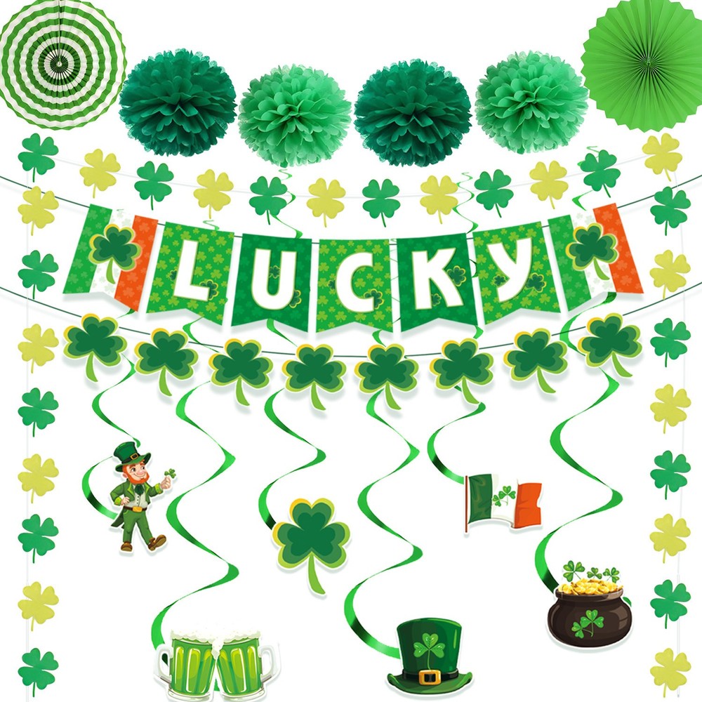 12x St Patricks Day Decor - Shamrock Lucky Banner Garlands Clover Hanging Swirls