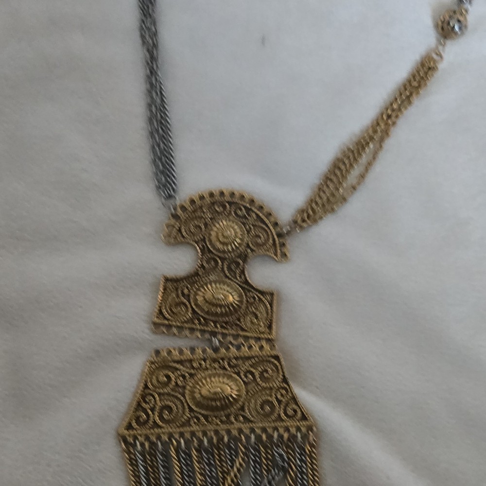 Vintage Gold Silver Tone Fringe Pendant Necklace Ornate Filigree Statement