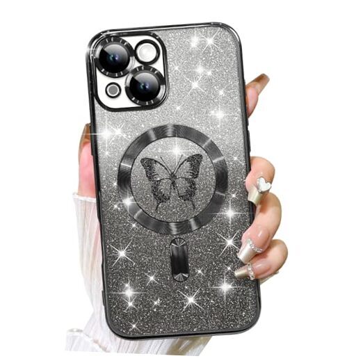 Designed for Case,Compatible with MagSafe Butterflies iPhone 15 Plus Black