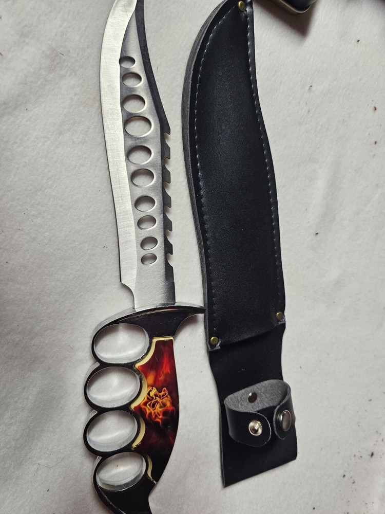 13.5 inch flamed steel skull handle bowie hunting knife