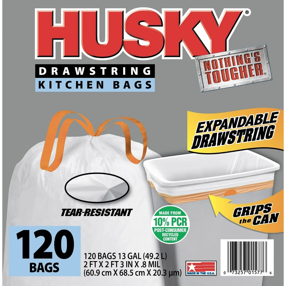 Husky Tall Kitchen White Trash Bags, 13 Gallon 120 Bags (Expandable Drawstring)