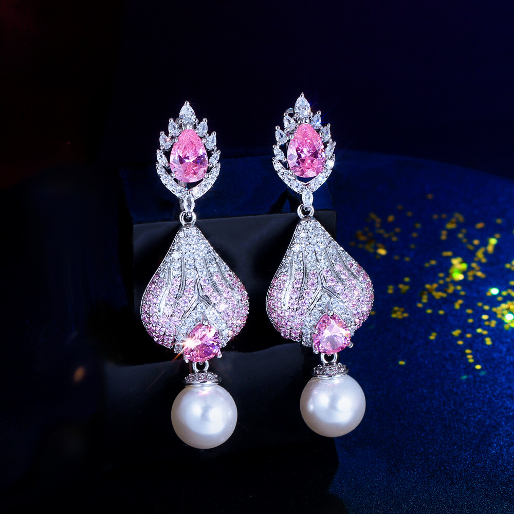 Stunning Silver Plated Pink Cubic Zirconia Long Drop Pearl Earrings Women Bridal