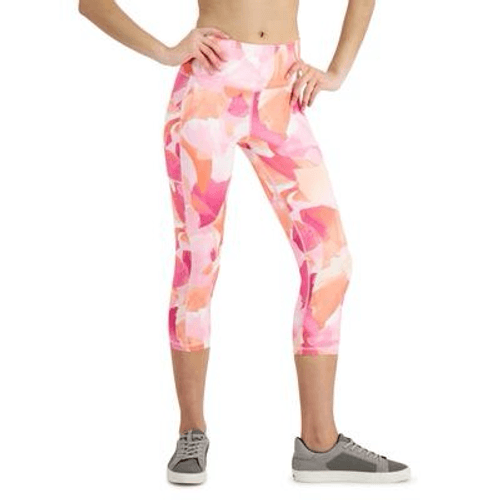 ID Ideology Women's Pink Petal Print Compression Cropped Leggings with Side Pockets