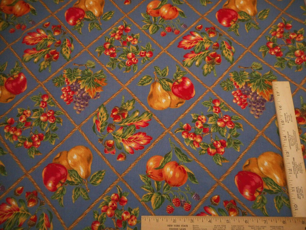 Cotton Fabric By Yard Pears Grapes Fruit Metallic on Dk Dusty Blue 57
