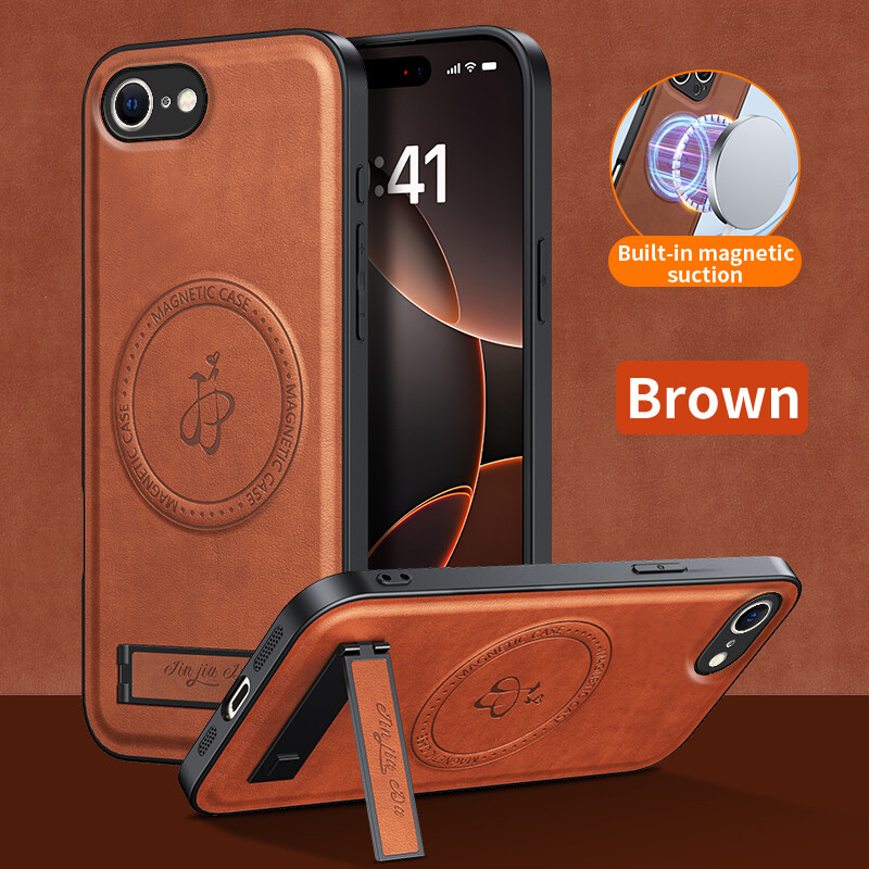 For iPhone 16e 17 Pro Max 15 14 13 12 11 Magnetic Leather Case Built-in Stand