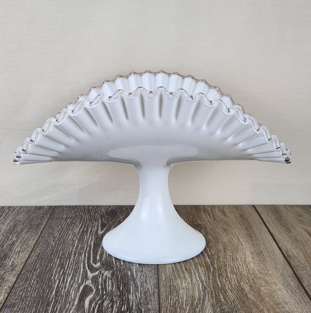 Vintage Fenton Silver Crest White Milk Glass Ruffled Pedestal Banana Fruit Bowl
