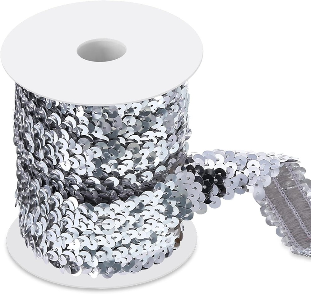 Chuangdi 11-Yard Silver Glitter Sequin Trim 3-Row Elastic 1-Inch Flat