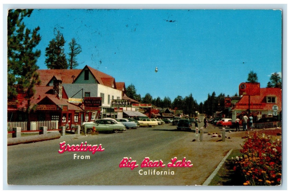 1960 Greetings From Big Bear Lake Building Classic Cars California CA Postcard
