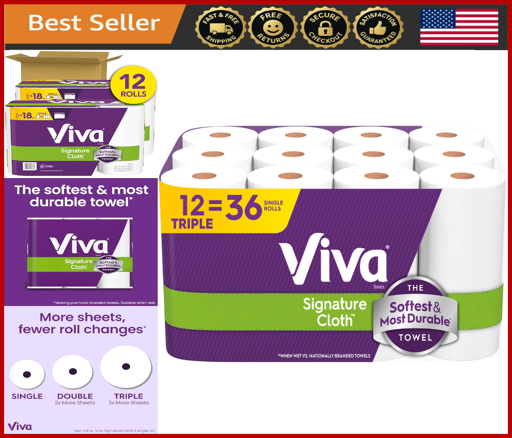 12 Triple Rolls Strong Absorbent Paper Towels 129 Sheets per Roll Multi-Surface Cleaning