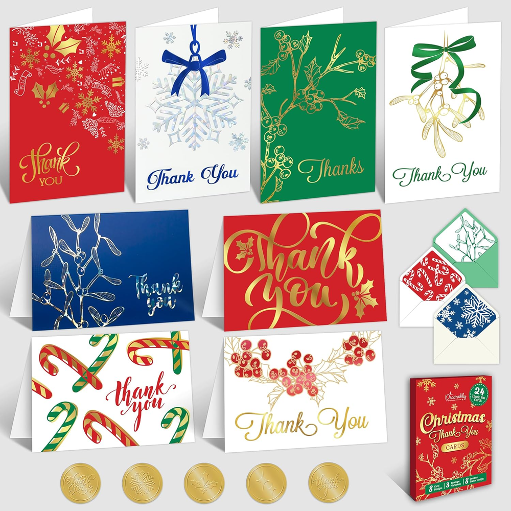 24 Pack Foiled 6X4In Christmas Thank You Cards with Envelopes and Stickers, 8 El