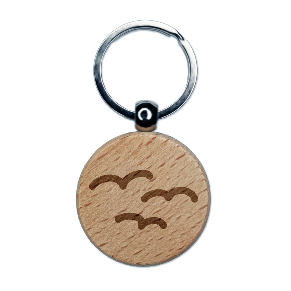 Simple Seagulls Birds Engraved Wood Round Keychain Tag Charm