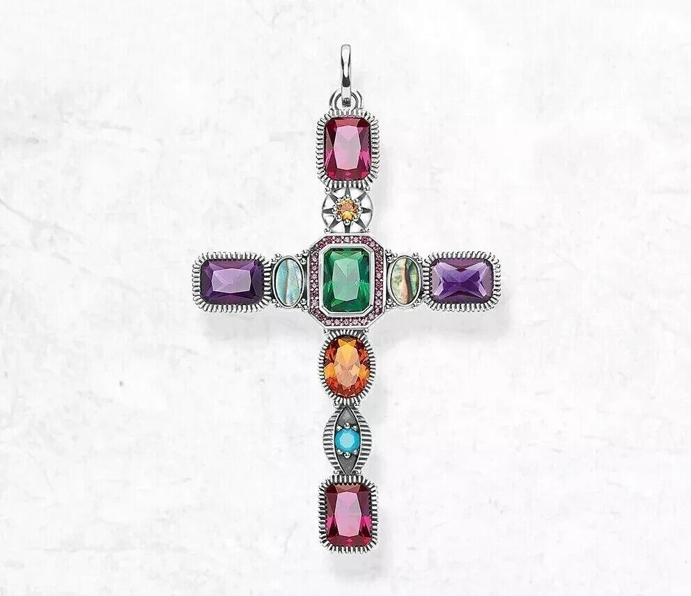 925 Sterling Silver Cross Pendant with Multi Gemstone Accents Christmas Sale-image