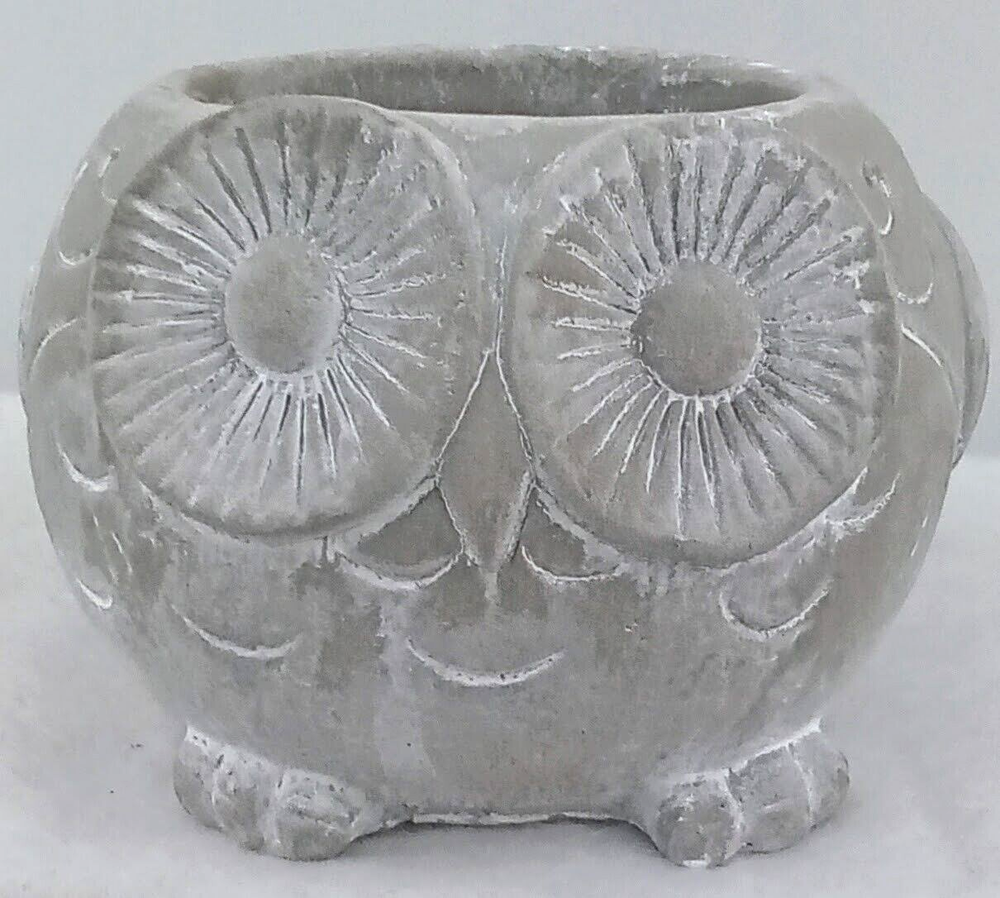 Owl Planter Resin Weathered White Gray Engraved Detail Bird Beak Feathers Feet