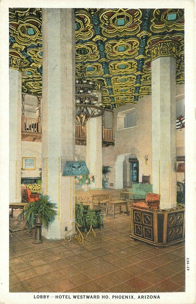 1920s Phoenix Arizona Lobby Hotel Westward HO occupation Postcard 25-10917
