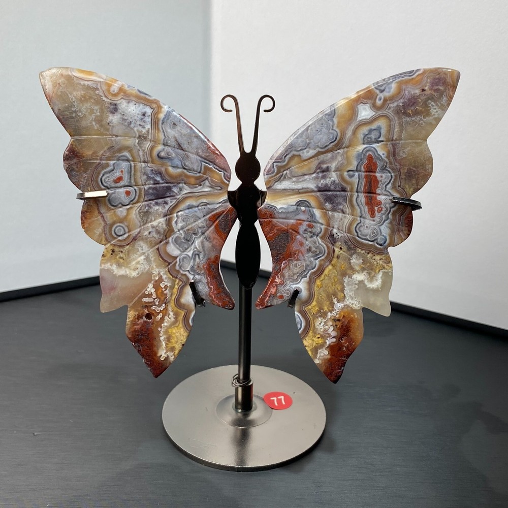 145g-Natural Crazy Agate Crystal Handmade Carving Butterfly+Bracket