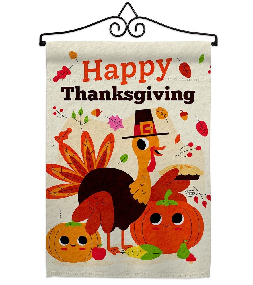 Give Thanks Turkey Garden Flag Set Wall Hanger Falltime Thanksgiving Gobble P...