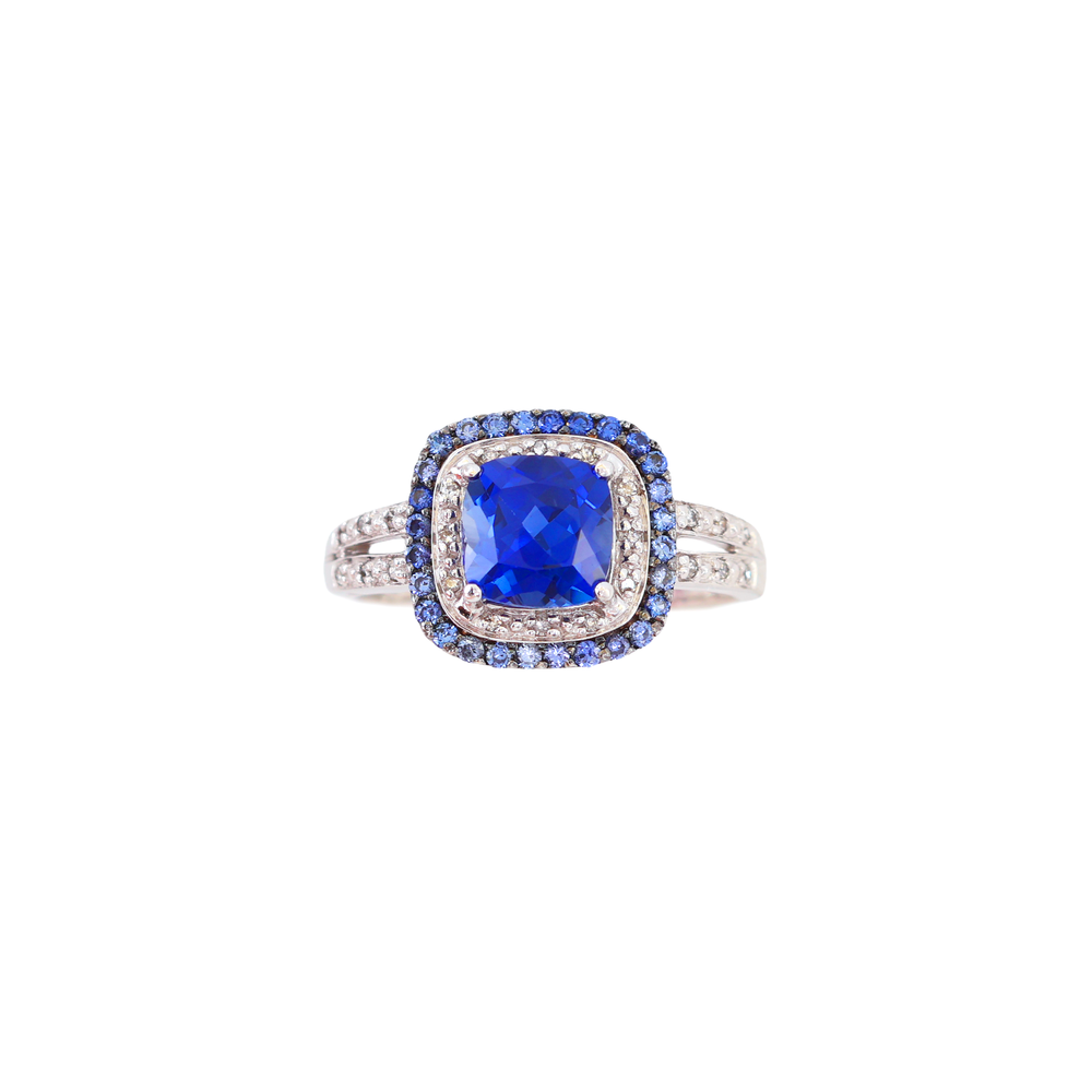 10k White Gold Cushion Blue Sapphire Diamond Double Halo Ring Size 7.5