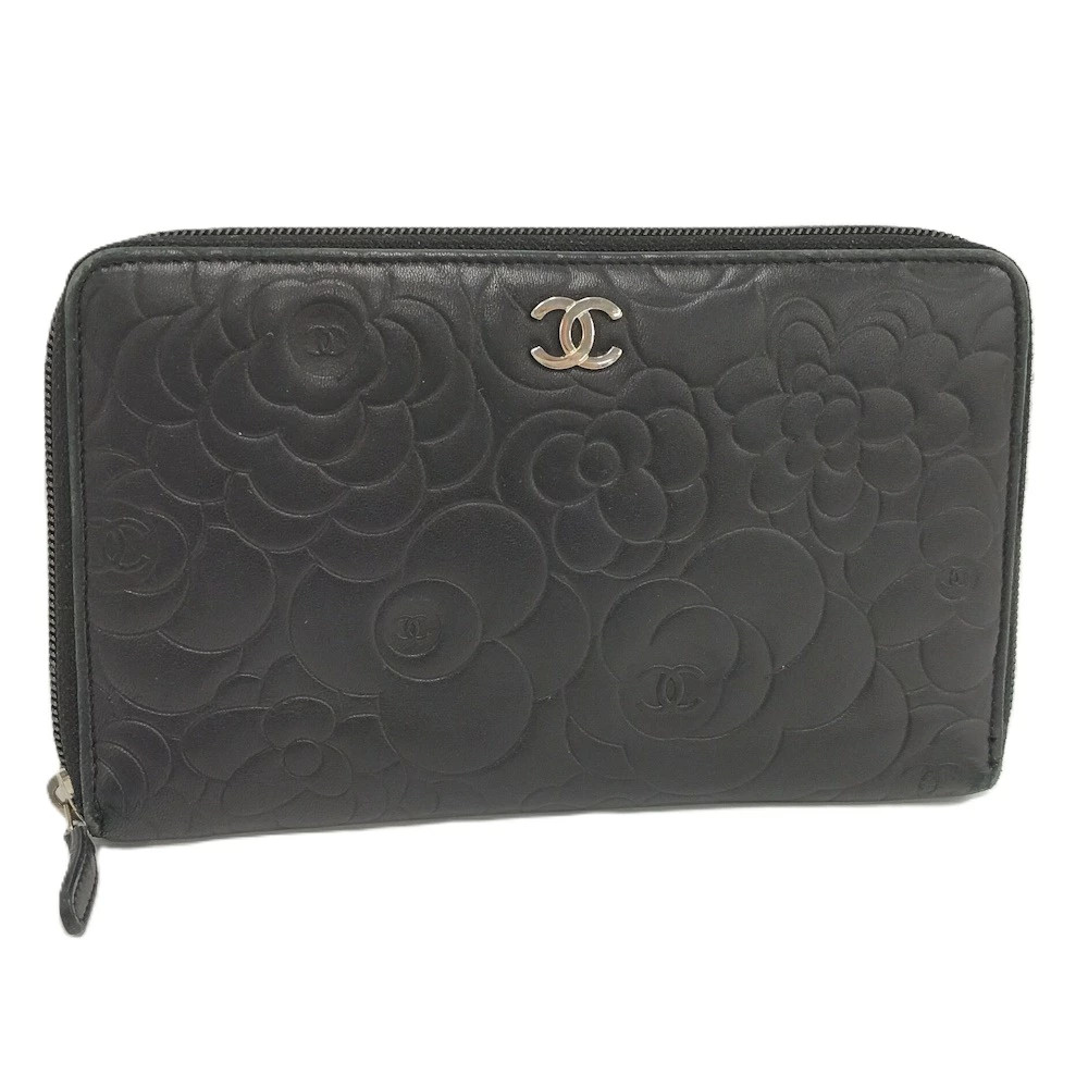 Chanel Camellia Leather Zipper Long Wallet Black