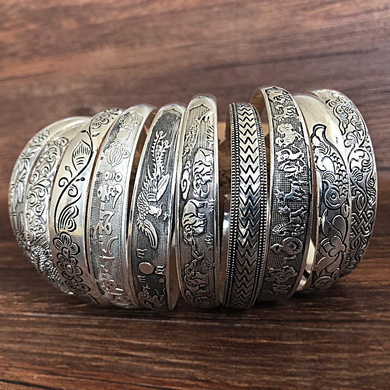 Retro Tibetan Silver Cuff Bracelets - Fish, Elephant, Flower Carving Bangles