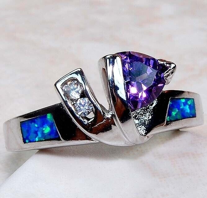 1CT Amethyst Australian Opal Inlay Solid 925 Sterling Silver Ring Size 7 DT1