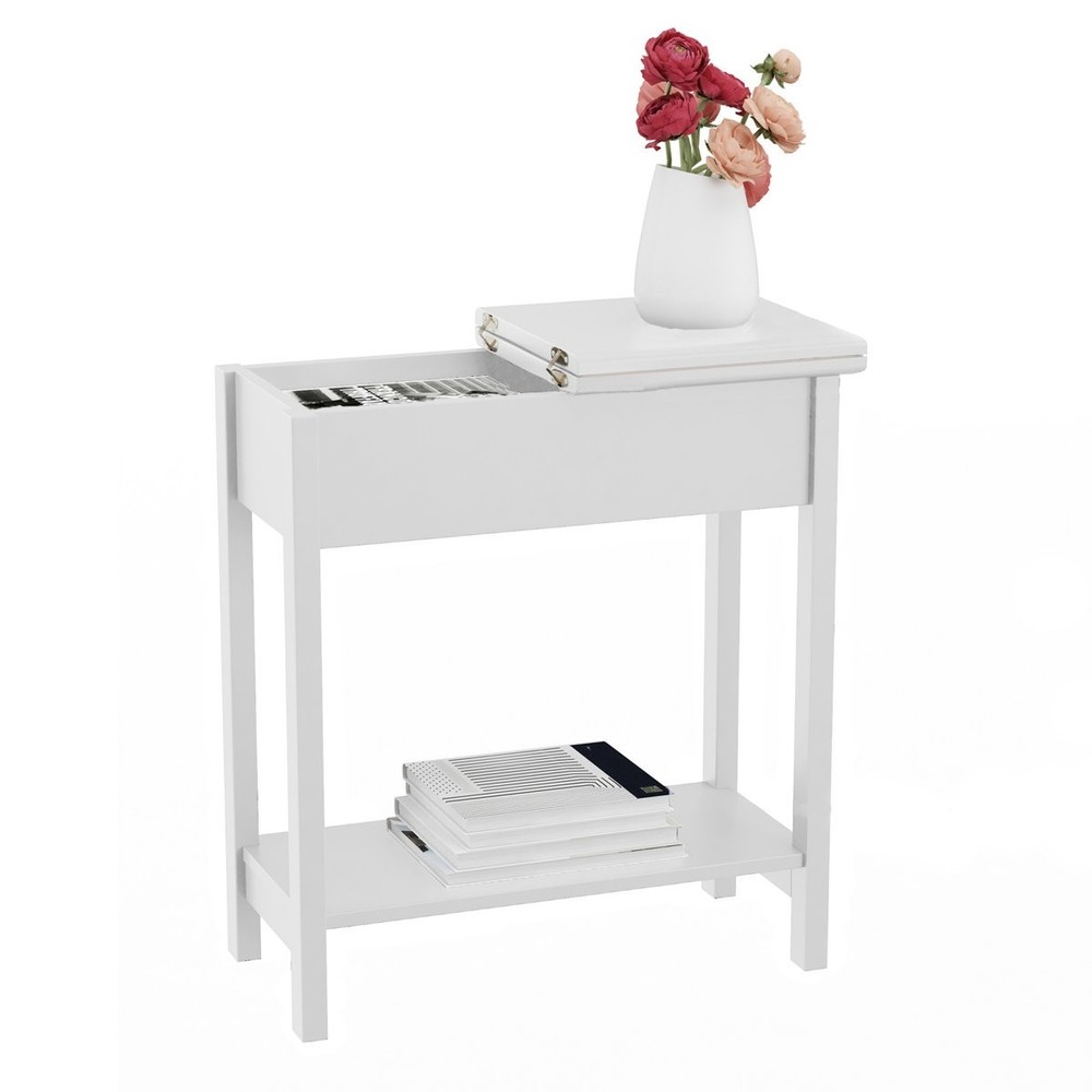 2-Tier Wooden Flip Top Sofa Side End Table White Nightstand Narrow Shelf Storage