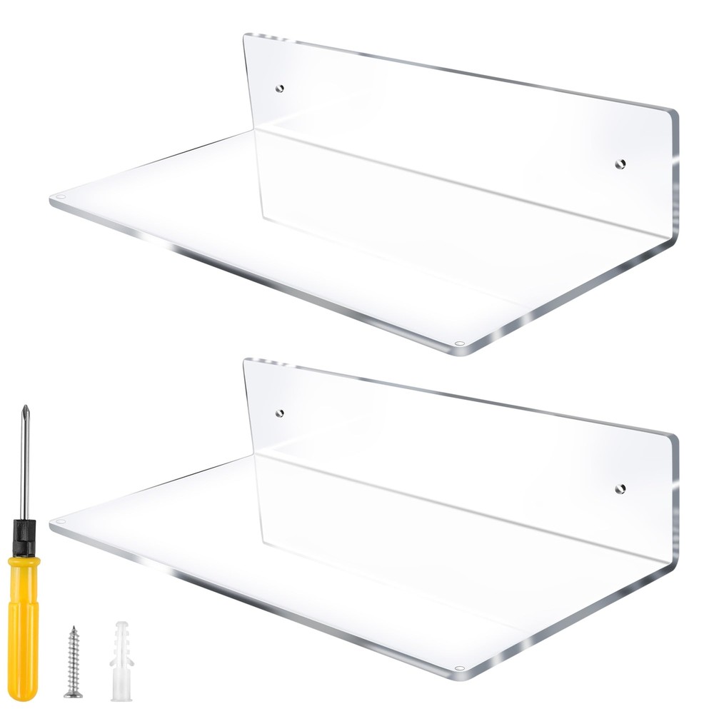 12 Inch L-Shaped Acrylic Floating Shelf Wall Mounted Shelves Invisible 5MM Th...