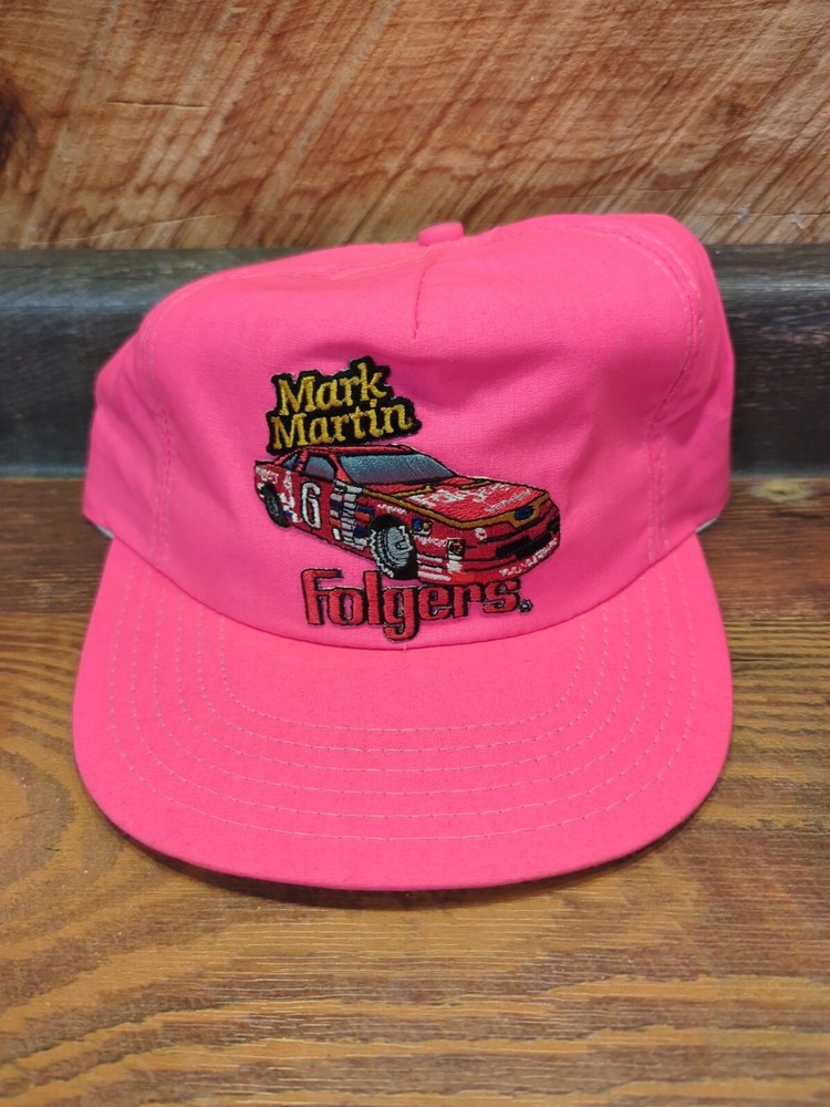 Vintage Mark Martin #6 Folgers Mesh Trucker Snapback Hat Cap NASCAR  Neon Pink