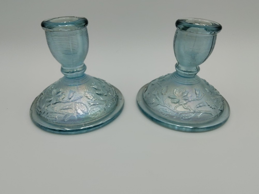 Lenox Imperial Glass Horizon Blue Candlesticks Pair Cottage Core Grandma Glam