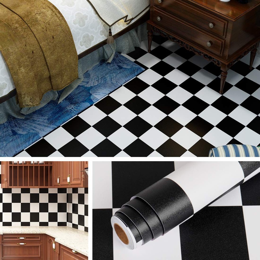 Checkered Black and White Vinyl Flooring Roll 15.8X78.8 in Peel And Stick