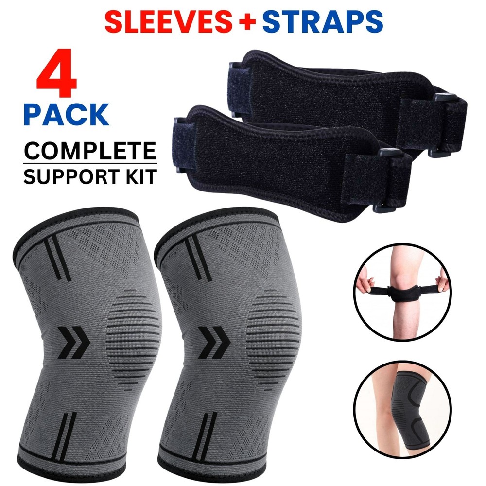 4 Pack Set Knee Sleeves with Patella Straps Compression Support Brace Relief