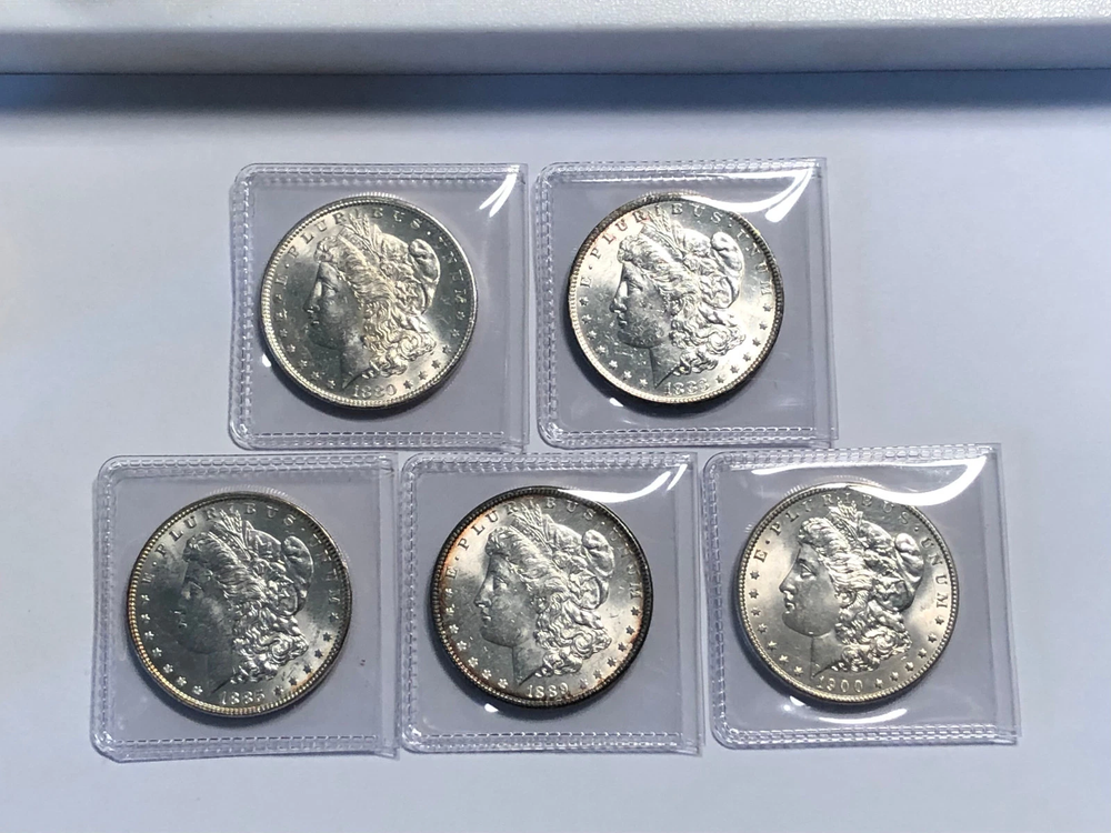 1878-1893 CC Morgan Dollars Lot of 5 Uncirculated AU/BU Mixed Dates US Coins