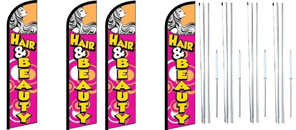 Hair & Beauty Windless Flag With Complete Hybrid Pole set- 4 pack