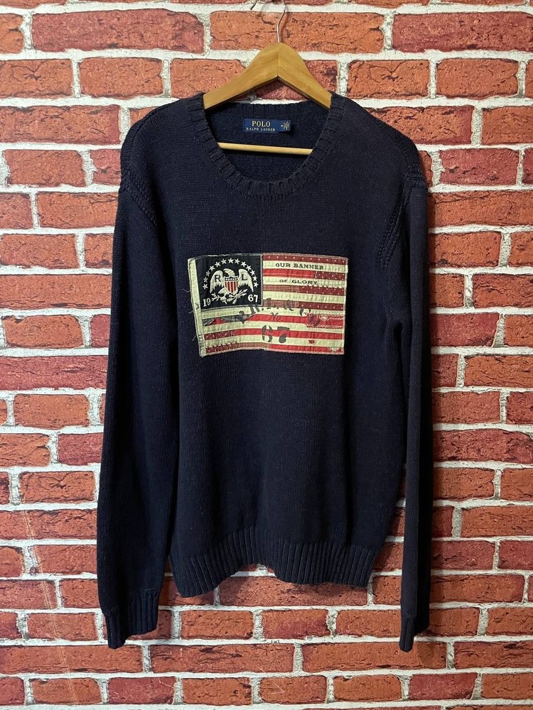 Vintage Polo Ralph Lauren Navy Knit Jumper USA Flag Eagle Banner Patch Size M