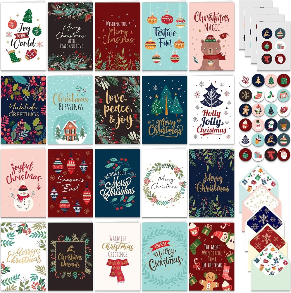 Decorably 100 Pack Foiled and Glittery 6x4in Christmas Cards with Envelopes Bulk