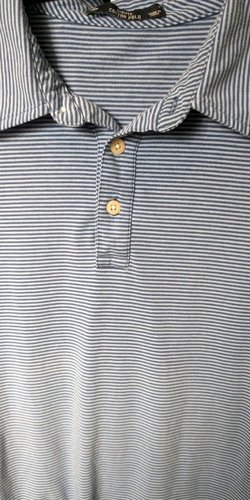 Men's Blue Striped Cotton Blend Polo Shirt Short Sleeve Large-image