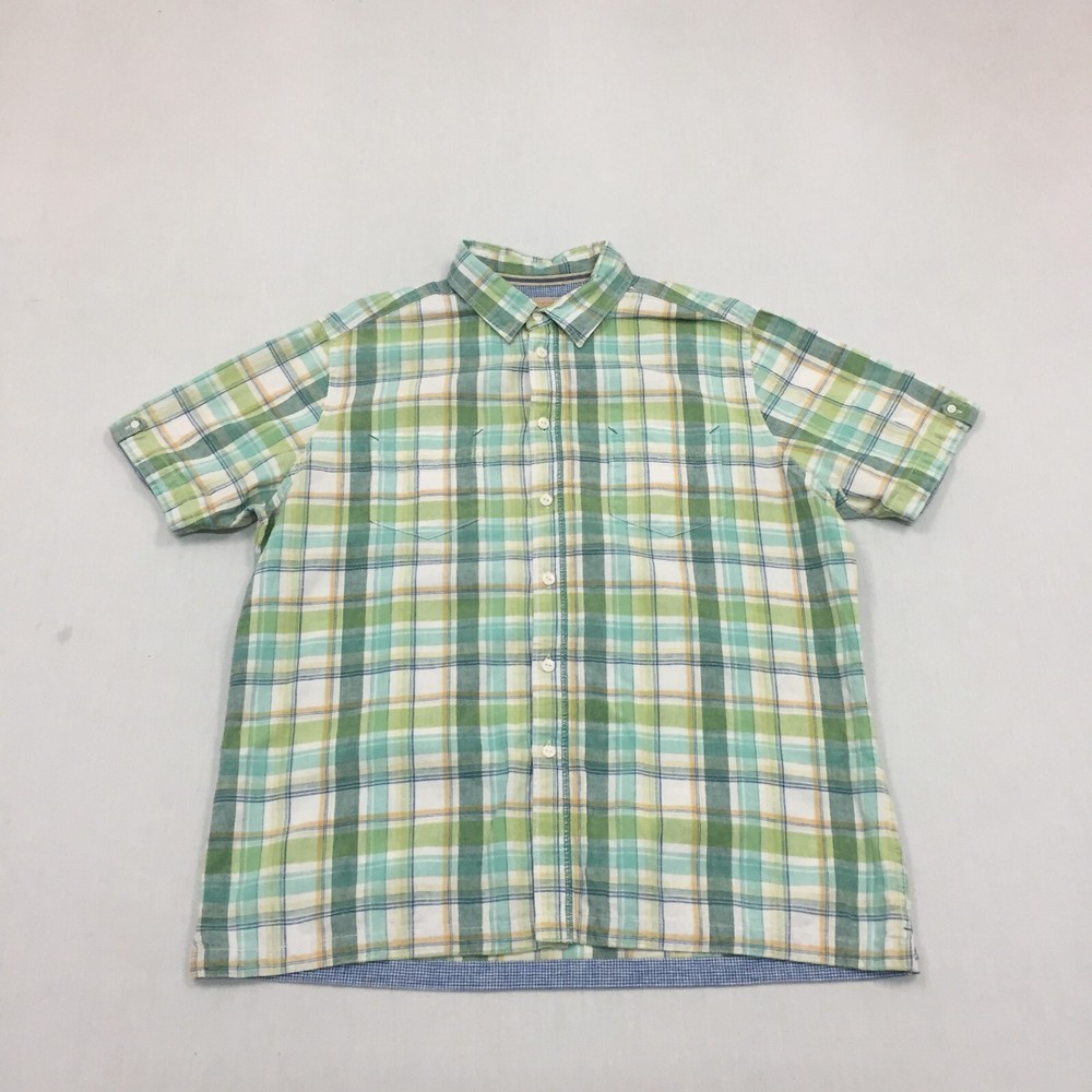 M&S Linen Mix Shirt Mens Extra Large Button Up Short Sleeve Plaid Green (XL)