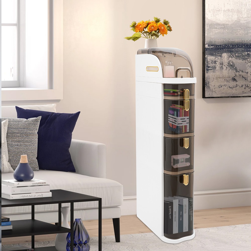 Slim Rolling Storage Cabinet with Toilet Paper Holder and Narrow Organizer