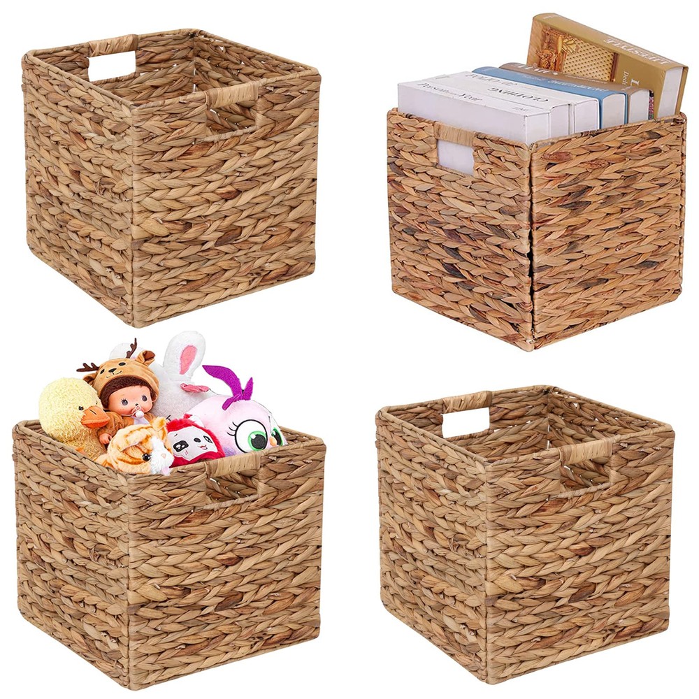 Foldable Water Hyacinth Storage Baskets Wicker Cube Laundry Organizer
