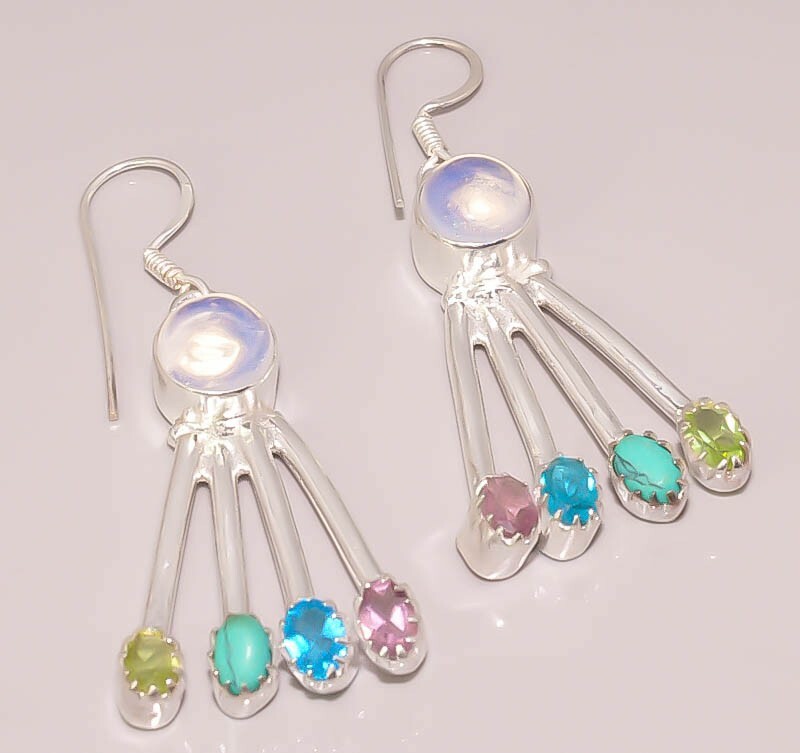 Tibetan Turquoise White Opal Blue Topaz 925 Sterling Silver Earrings