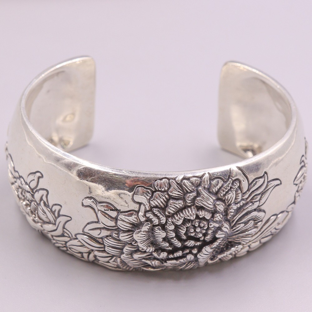 Sterling Silver Peony Flower Bangle Bracelet 27mm Wide 2.36in Diameter