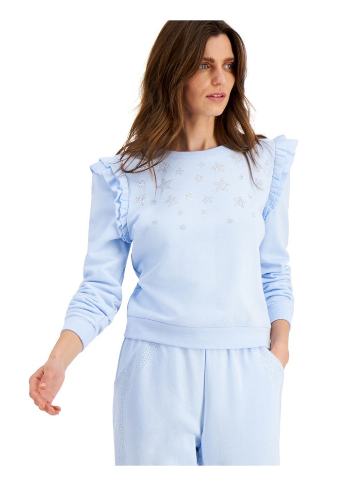 INC Women's Light Blue Embellished Ruffled Sweatshirt in XS