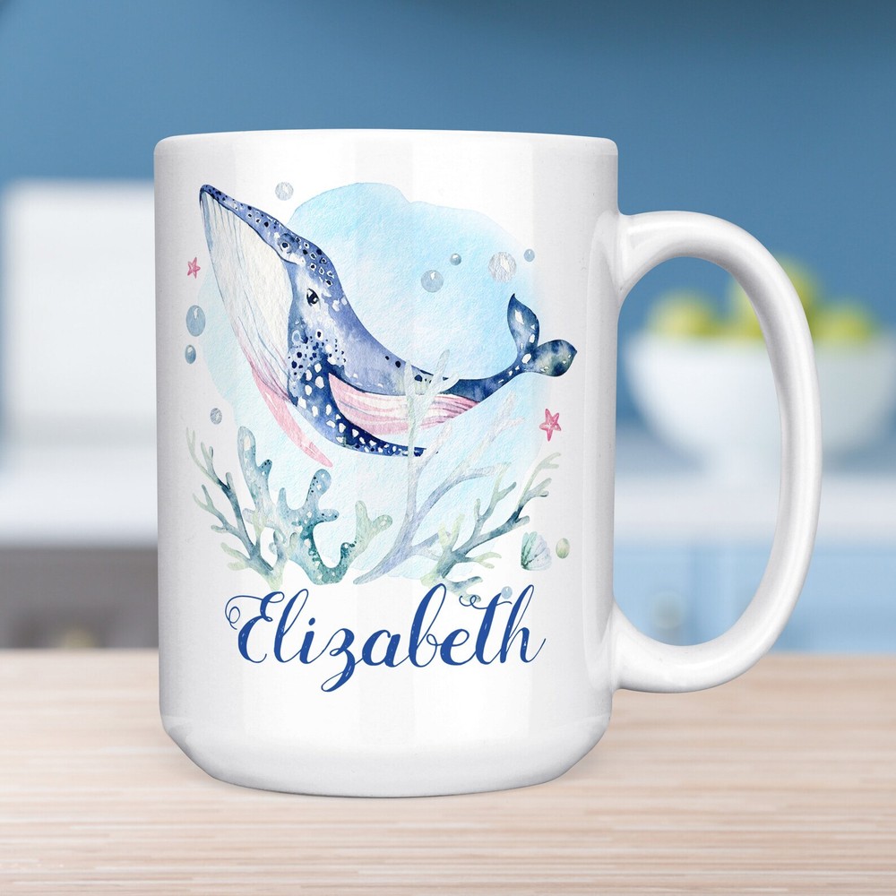 Pretty Blue Whale Personalized Name Coffee Mug Microwave Dishwasher Safe Ceramic