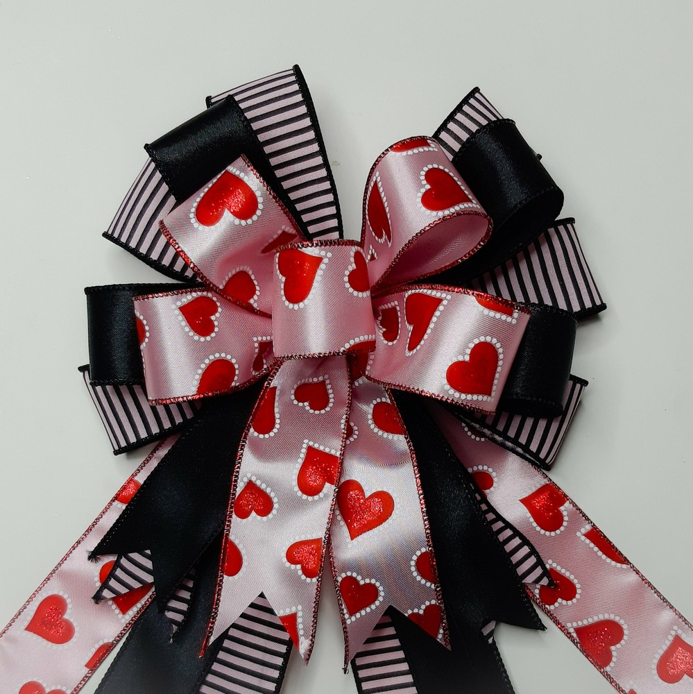 Valentine's Day Pink Heart Bow with Black Stripes-image