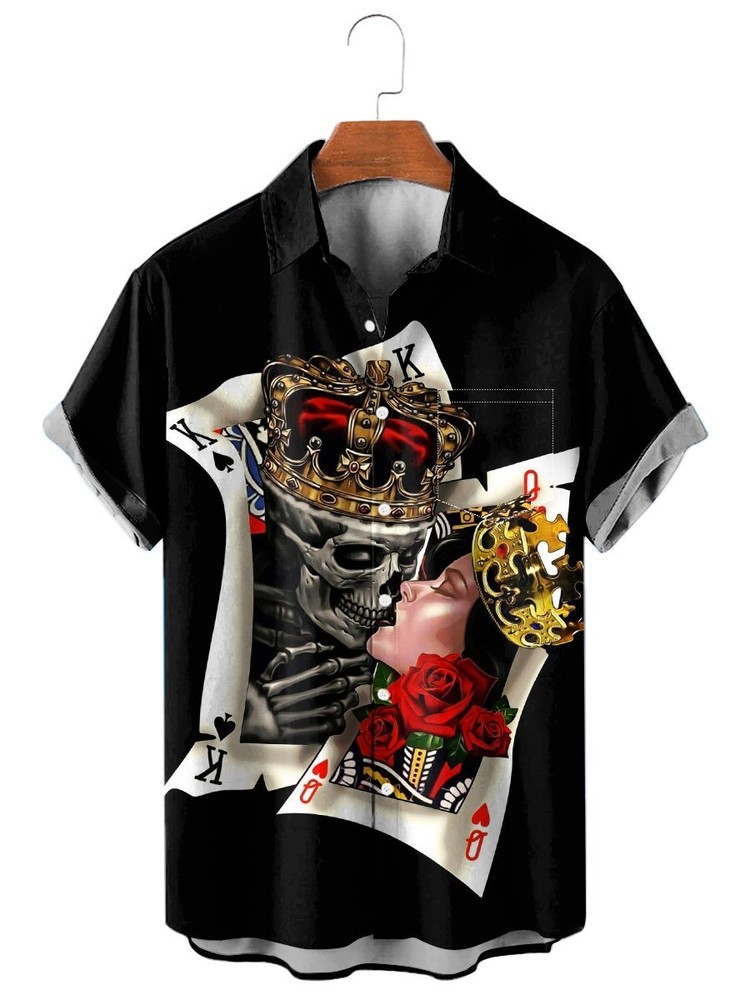 Mens Hawaiian Shirts Casual Kissing Skull Beauty Print Aloha Shirts