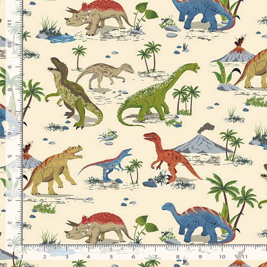 Animal Fabric | Dinosaurs Volcano Cream | Timeless Treasures YARD