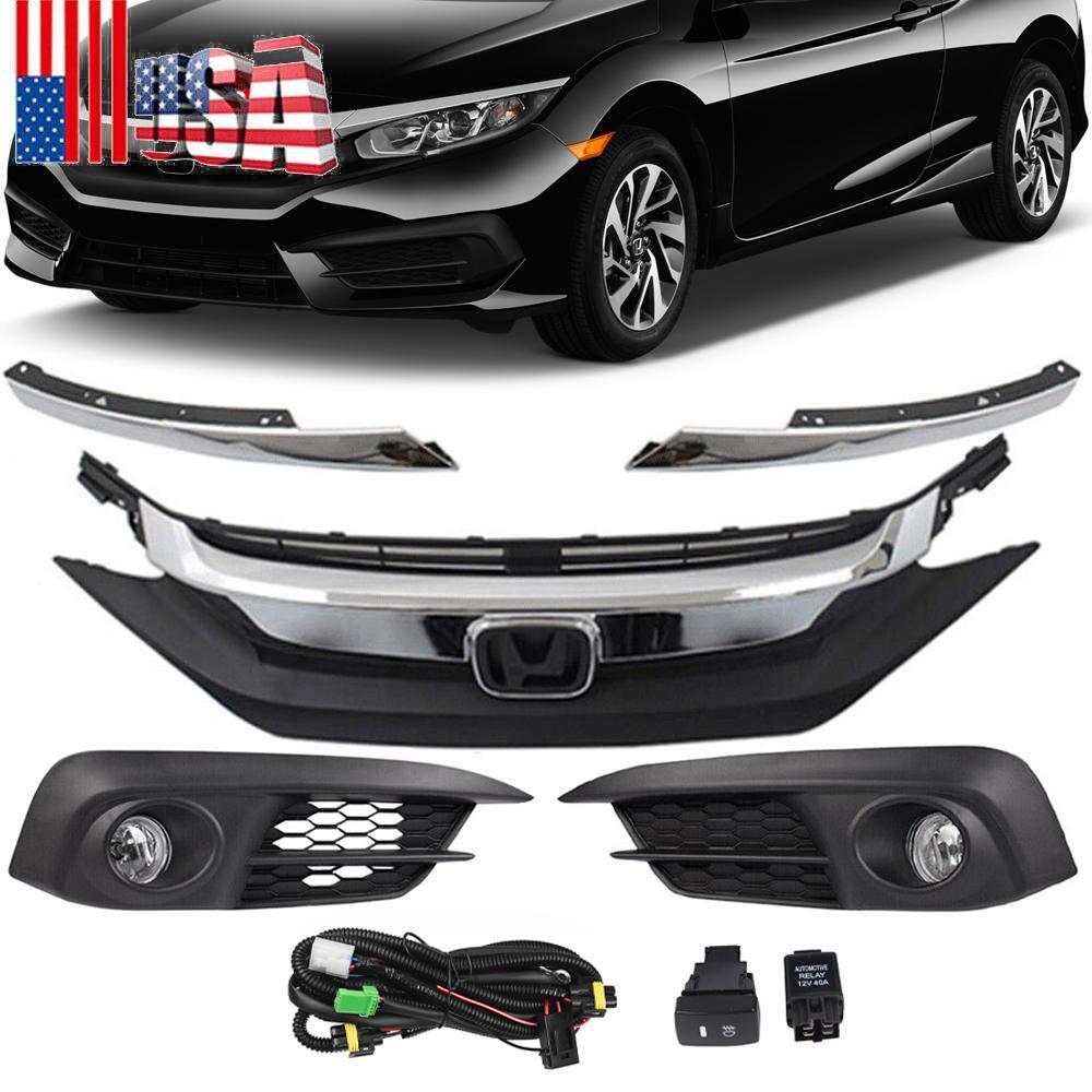 Front Upper Grille Foglights & Bezels Kit For 2016 2017 2018 Honda Civic Sedan