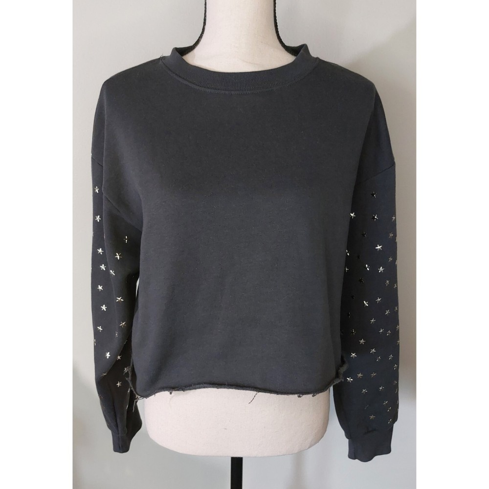 Gray cropped fleece with gold stars - cutoff hem - size L