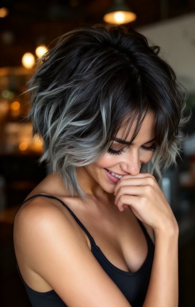 Short Ombre Grey Highlight 100% Human Hair 13x4 Lace Front Wig for Women